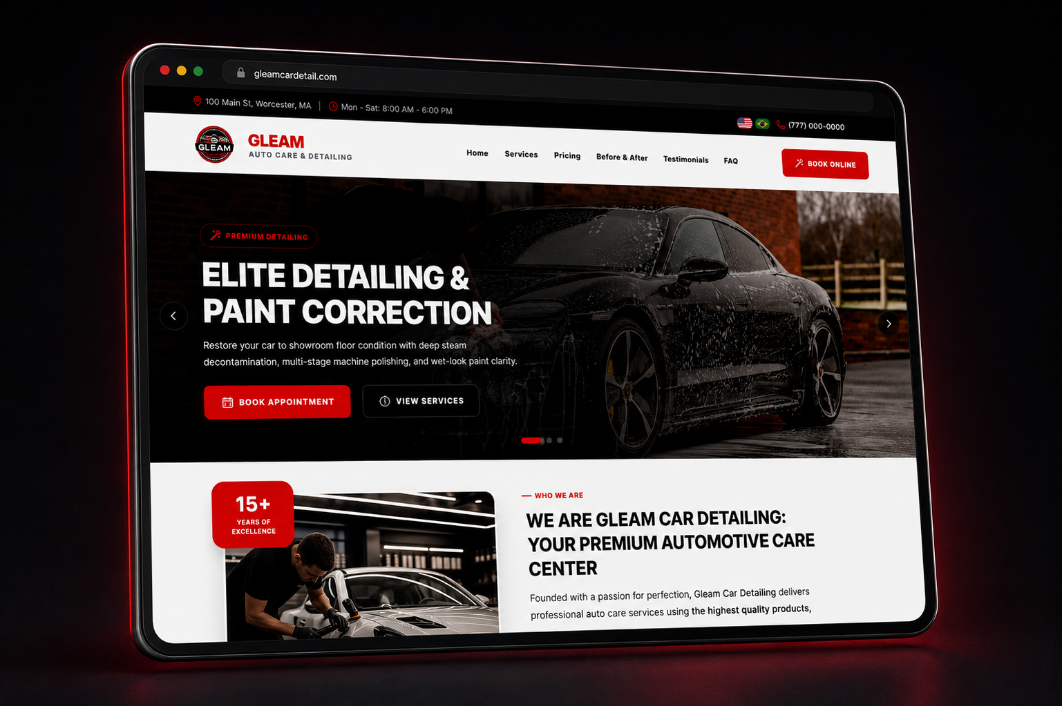 Dark website mockup for Gleam Car Detailing studio