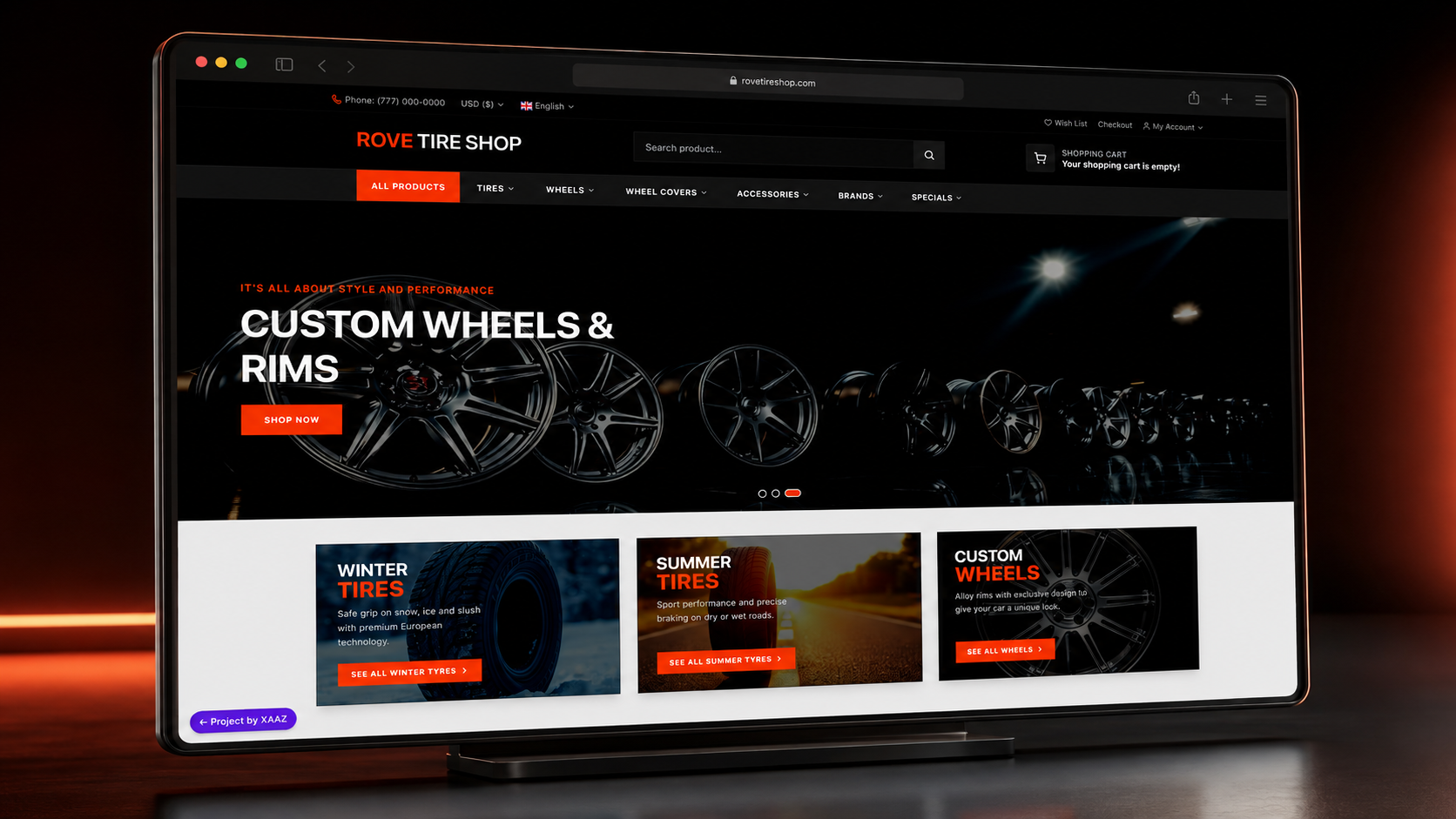 Dark website mockup for Rove Tire Shop