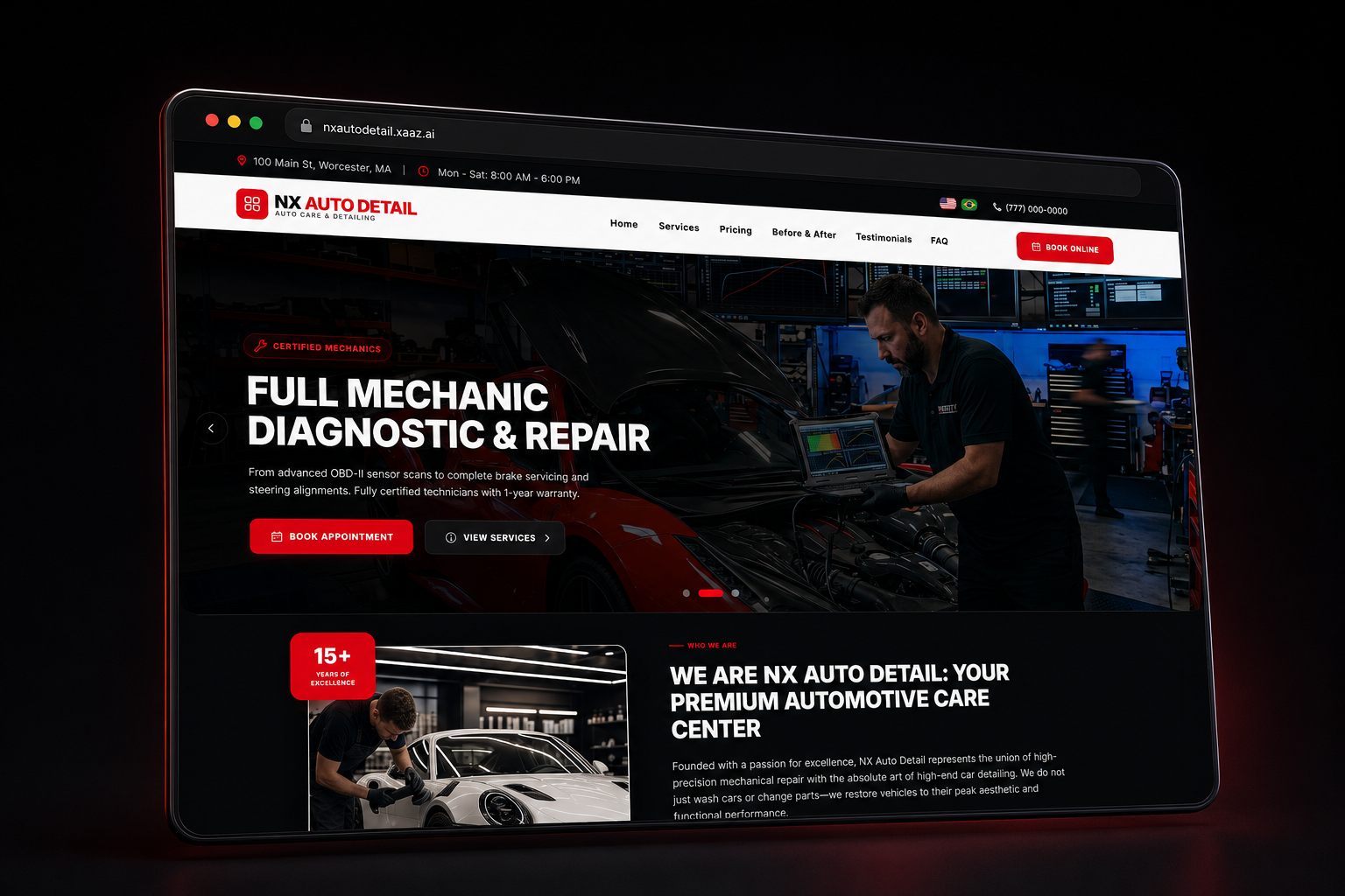 Dark website mockup for NX Auto Detail car detailing studio
