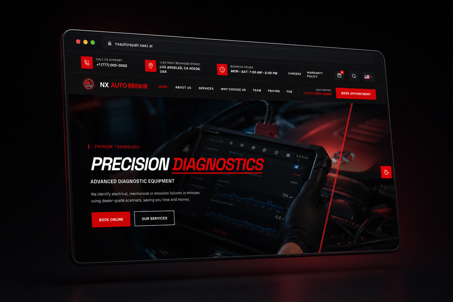 Dark website mockup for NX Auto Repair shop