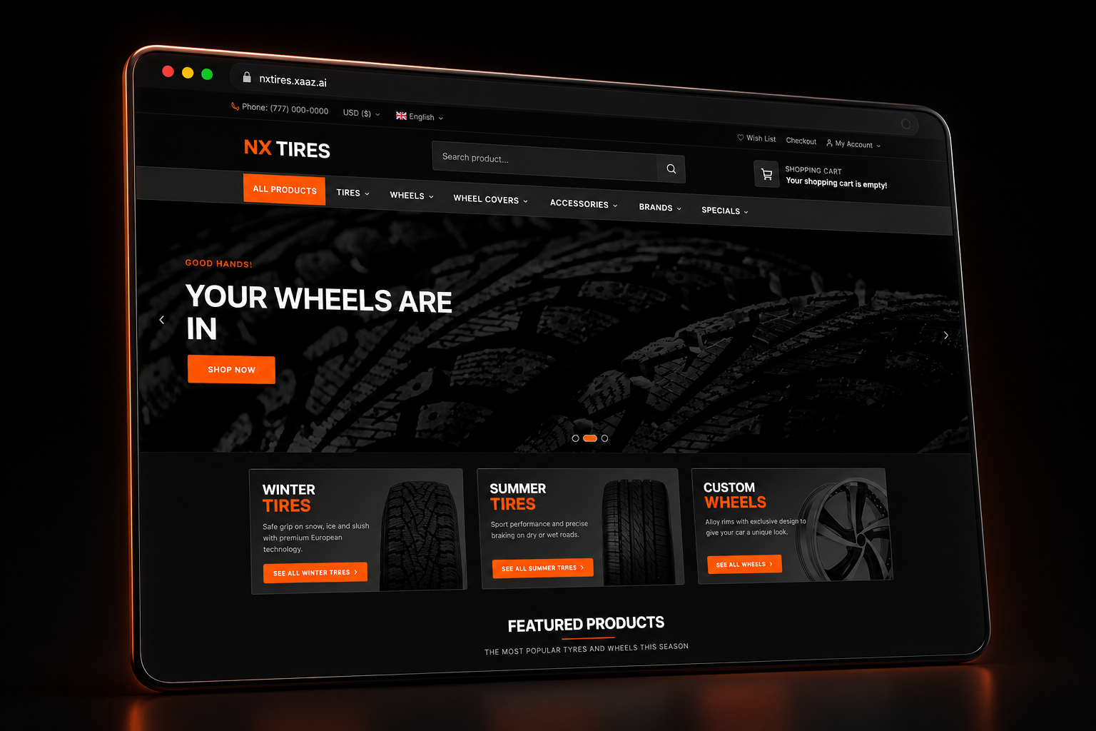 Dark website mockup for NX Tire Shop